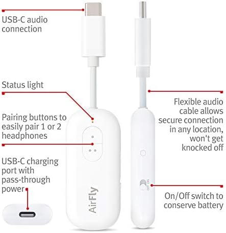 שתים עשרה דרום איירפליי USB-C | משדר אלחוטי עם שיתוף שמע עבור עד 2 אוזניות אוזניות אלחוטיות לכל